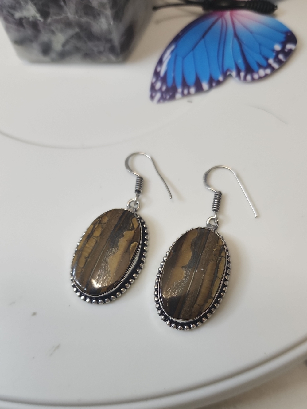Oval Brown Stone Drop Earrings - Women Jewelry